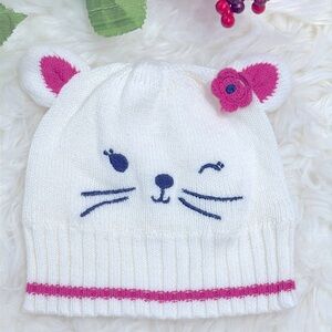 Gymboree Baby Girls White Pink Beanie Cute Kitty Knit Lined Hat Size 3-6 Months!
